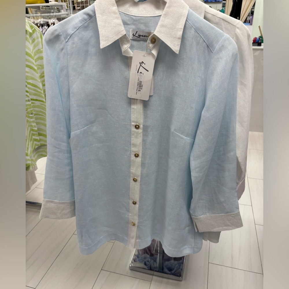 J. Crew Sky Blue Linen Shirt with White Accents